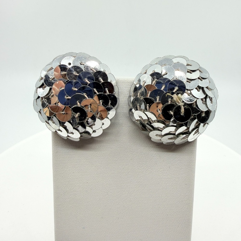 Sparkly Silver Tone Sequin Cluster Dome Stud Earrings - Festival Glam